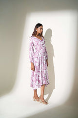 White-Lavender Poly Satin Gathered cuff Floral Print Dress