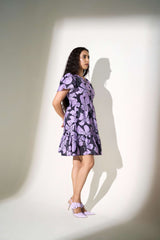 Lavender Poly Rayon Flutter sleeves Floral Print Dress