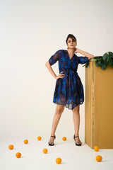 Blue Georgette Puff Sleeves Floral Print Dress