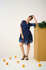Blue Georgette Puff Sleeves Floral Print Dress