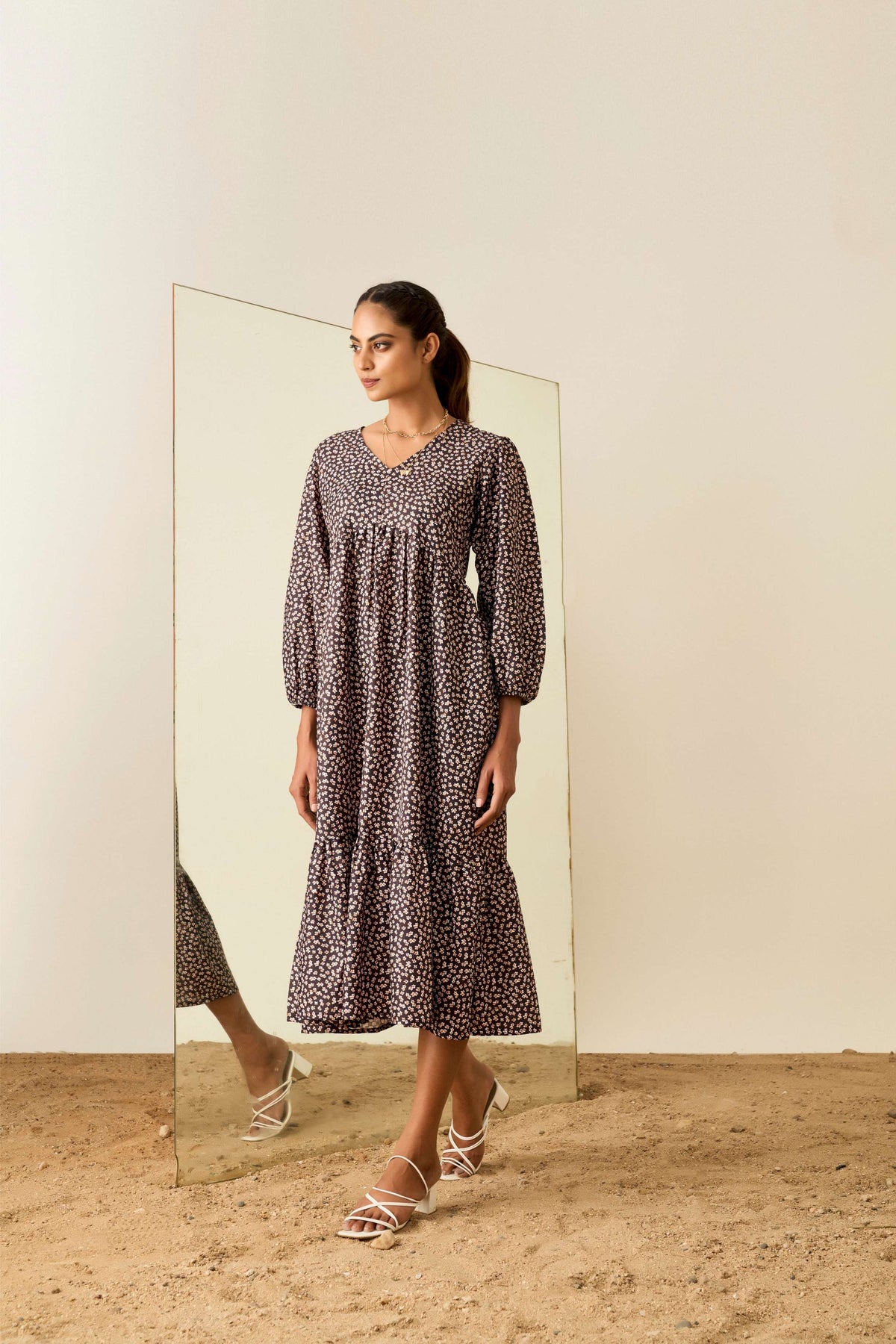 Brown Poly Crepe Balloon Sleeves Floral Print Dress