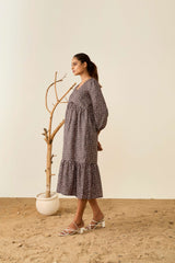 Brown Poly Crepe Balloon Sleeves Floral Print Dress