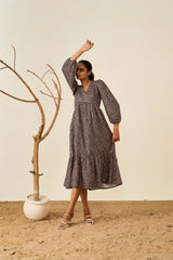 Brown Poly Crepe Balloon Sleeves Floral Print Dress