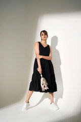 Black Crepe Panelled Midi Dress