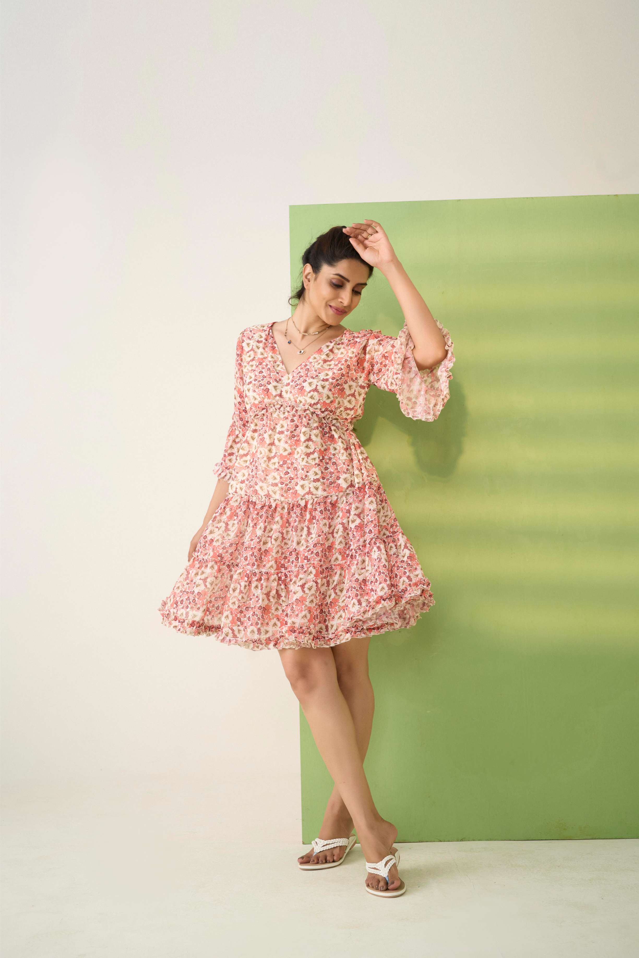 Peach Georgette Flared Sleeves Floral Print Dress