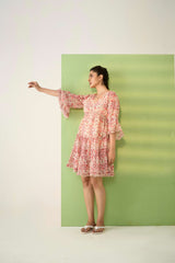 Peach Georgette Flared Sleeves Floral Print Dress