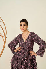 Black Poly Crepe Flared Sleeves Floral Print Dress