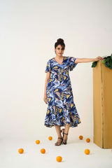 Blue Poly Crepe Flutter sleeves Tropical Floral Print Dress