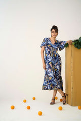 Blue Poly Crepe Flutter sleeves Tropical Floral Print Dress