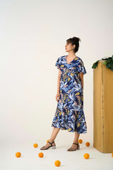 Blue Poly Crepe Flutter sleeves Tropical Floral Print Dress