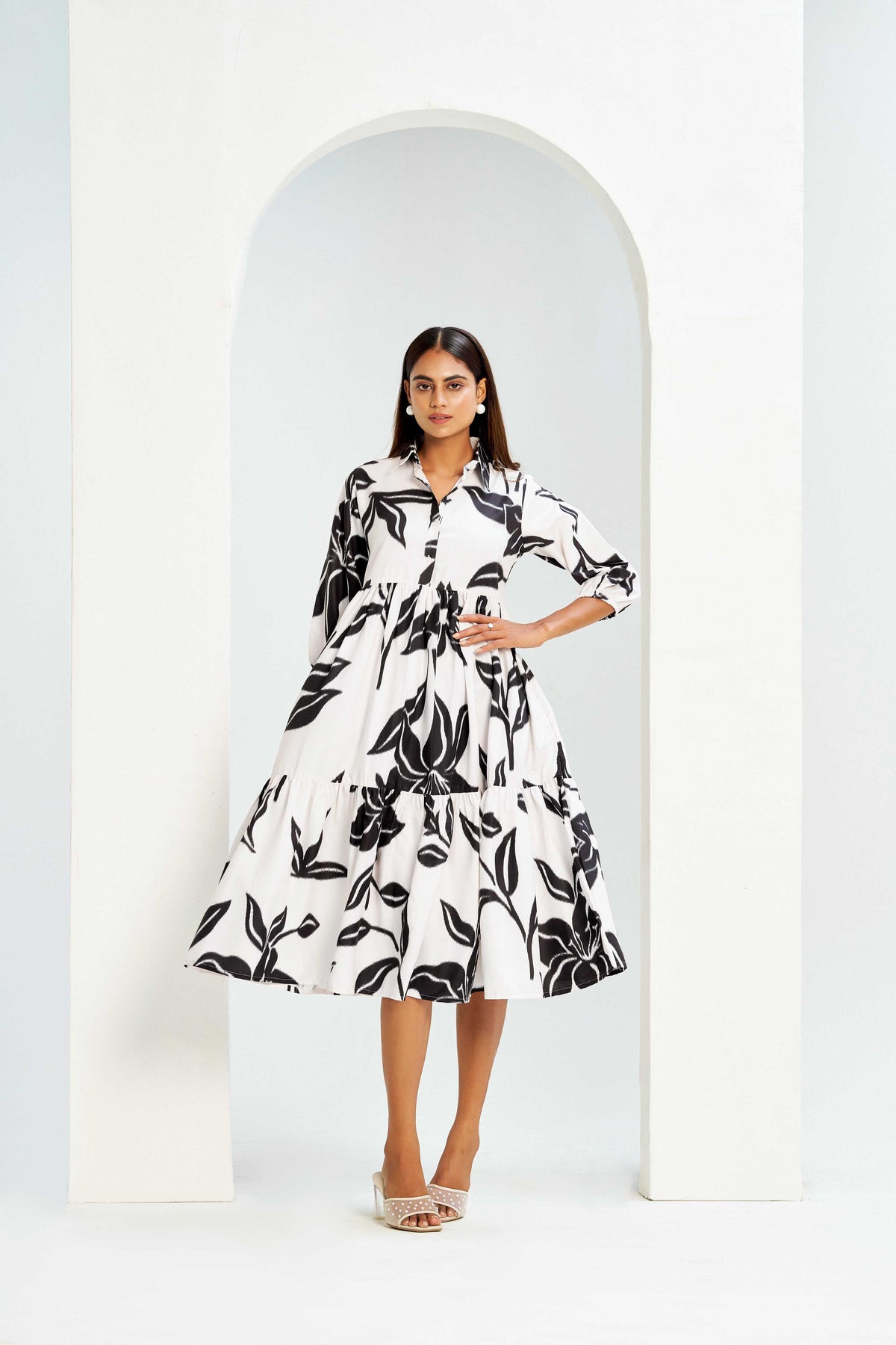 White Poly Rayon Collared Cuff Sleeve Floral Print Calf Length Dress