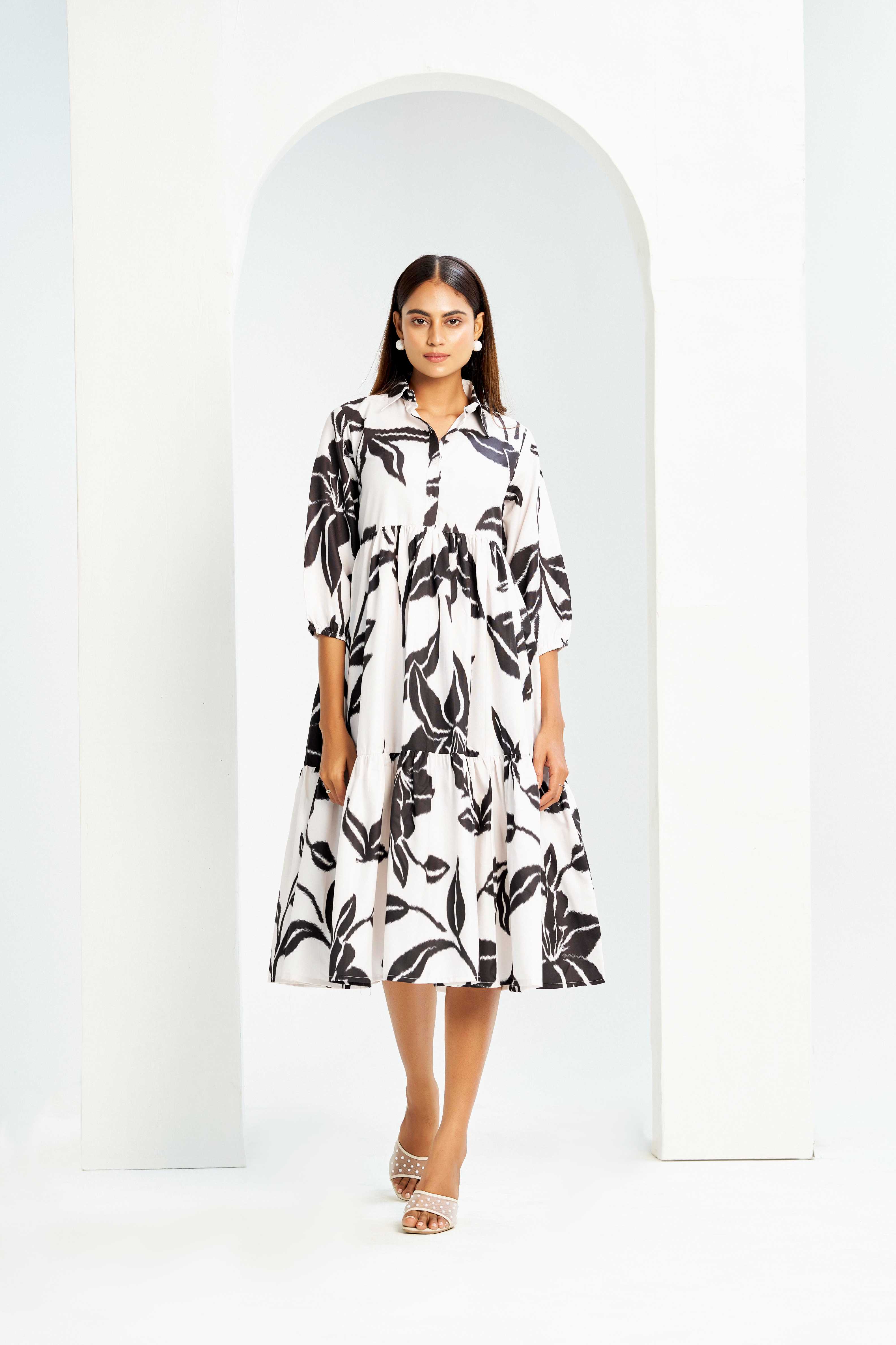 White Poly Rayon Collared Cuff Sleeve Floral Print Calf Length Dress