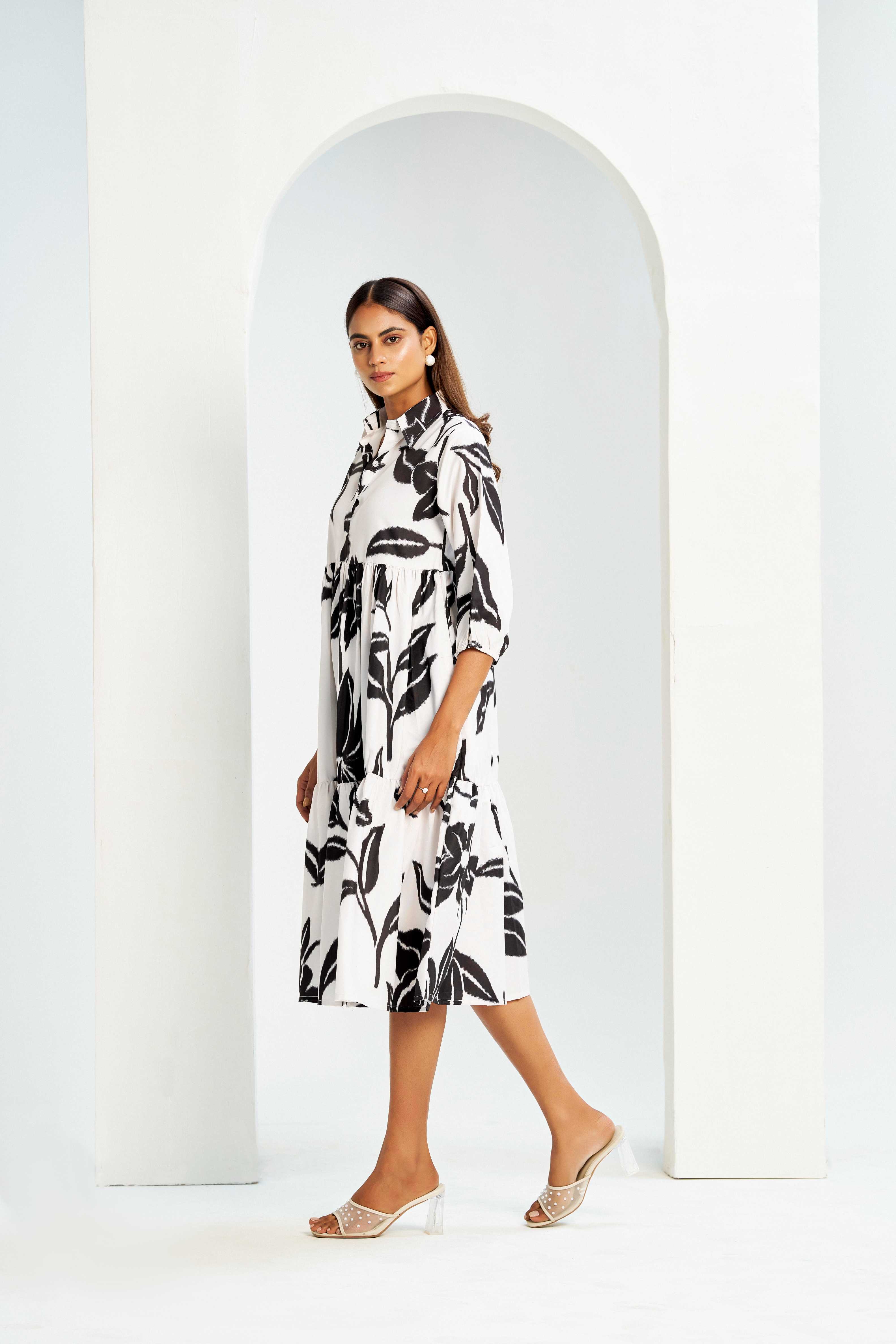 White Poly Rayon Collared Cuff Sleeve Floral Print Calf Length Dress
