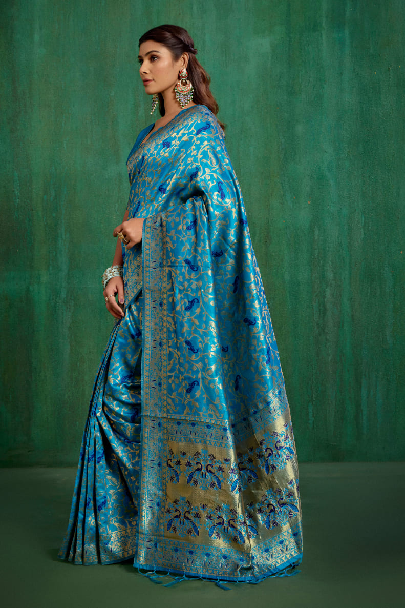 Shop Elegant Turquoise Banarasi Art Silk Woven Ready to Wear Saree Online - Best Prices