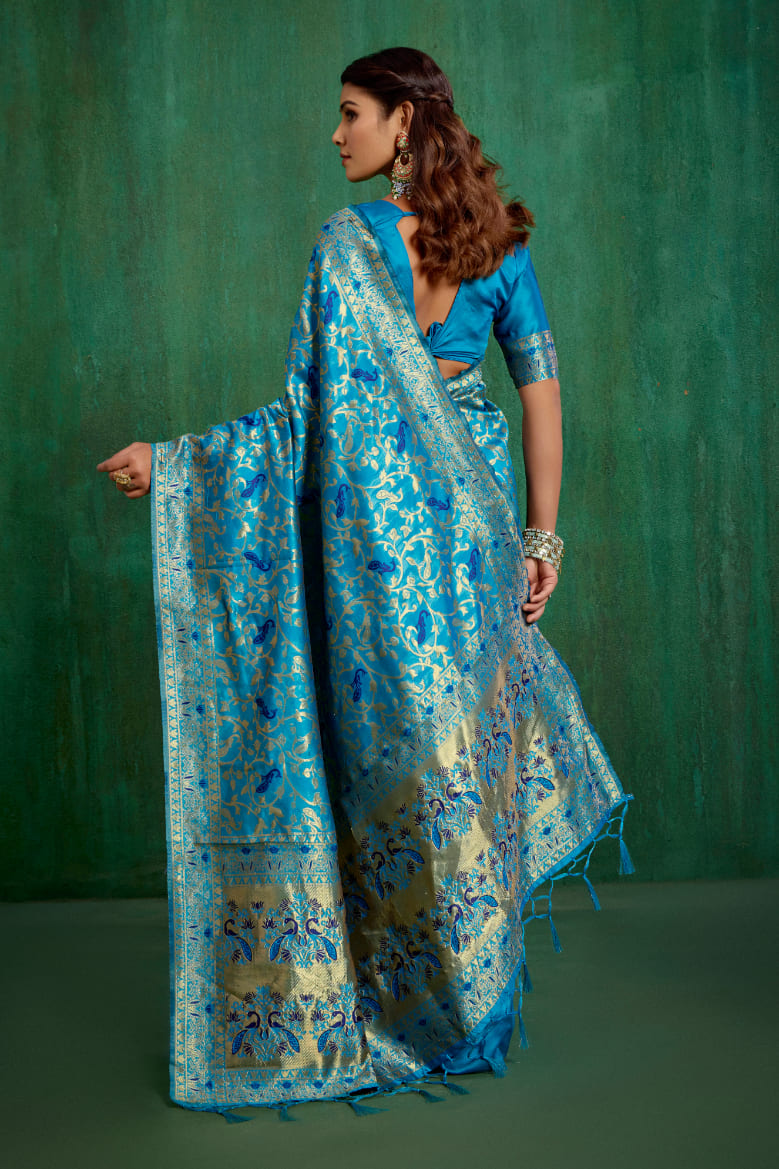 Shop Elegant Turquoise Banarasi Art Silk Woven Ready to Wear Saree Online - Best Prices