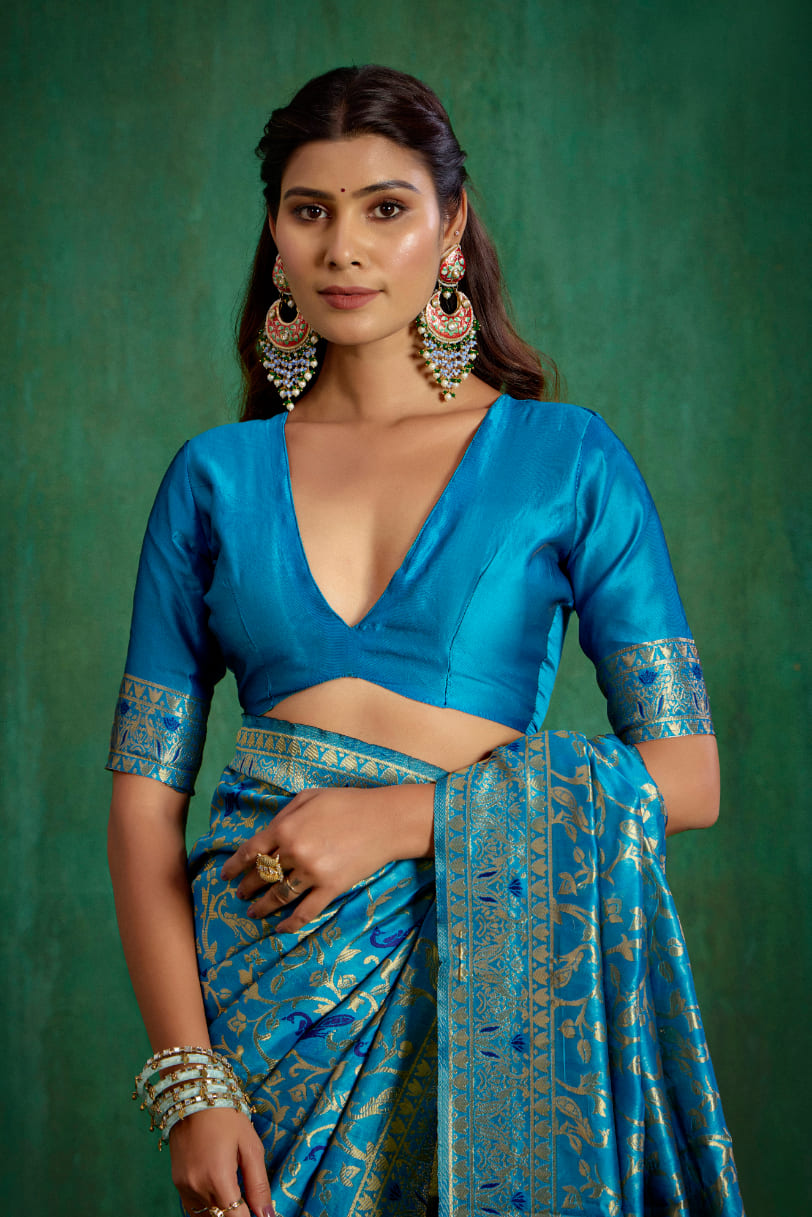 Shop Elegant Turquoise Banarasi Art Silk Woven Ready to Wear Saree Online - Best Prices