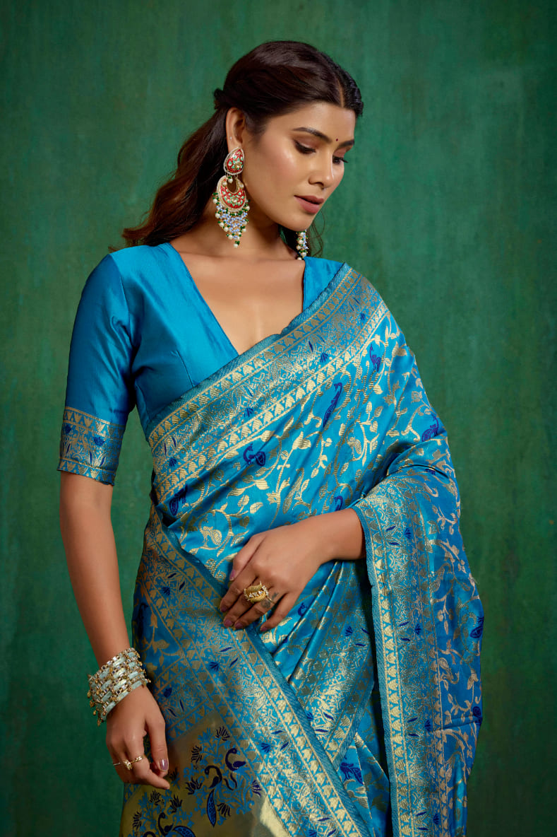 Shop Elegant Turquoise Banarasi Art Silk Woven Ready to Wear Saree Online - Best Prices