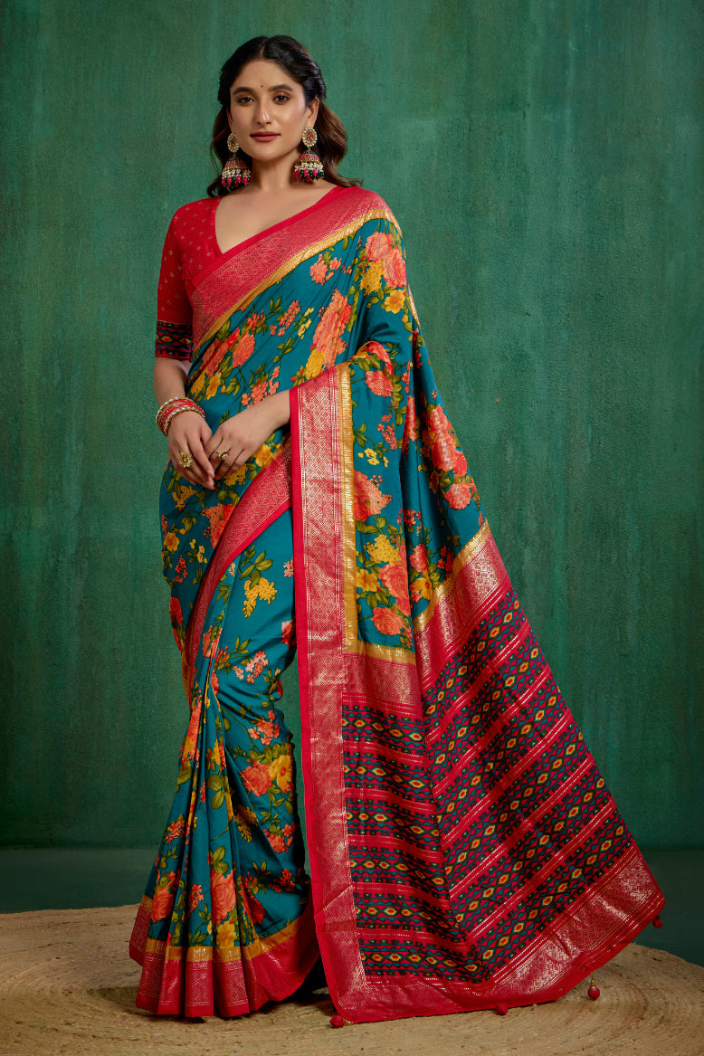 Elegant Green Cotton Silk Floral Print Ready to Wear Saree - Shop Now!