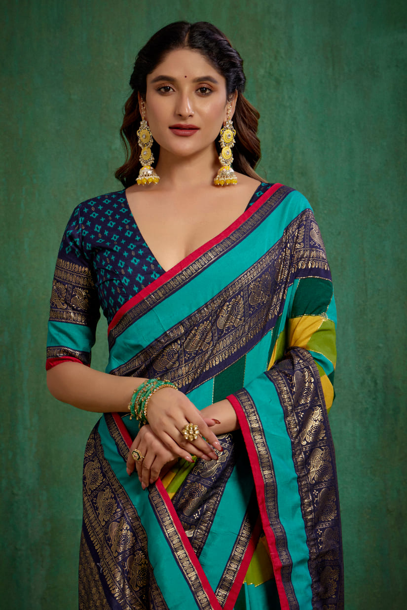 Shop Multi Elegant Tussar Silk Block Print Ready to Wear Sarees Online - Best Prices