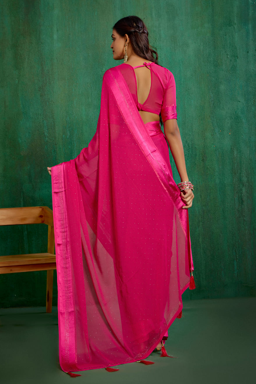 Elegant Pink Chiffon Swarovski Ready to Wear Saree - Shop Now for Glamorous Style