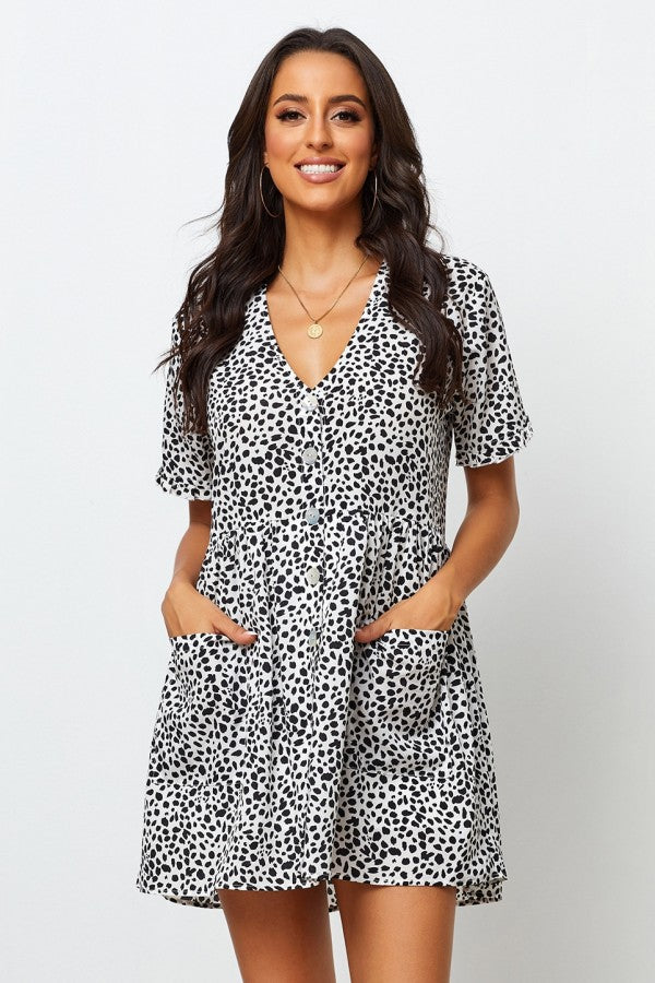 Black and White Short Poly Rayon Dress